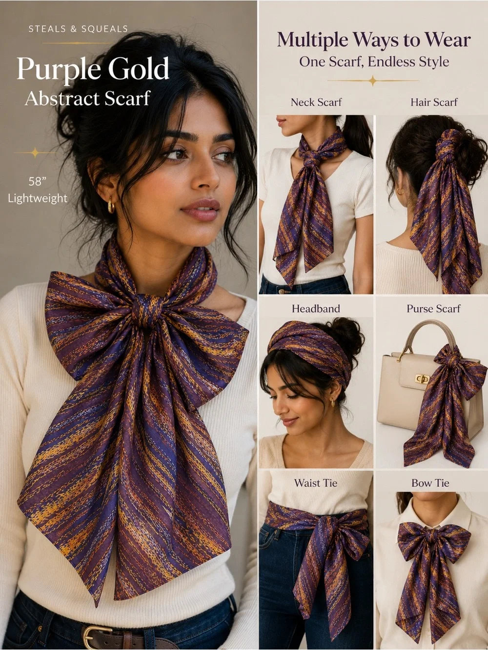 Purple & Gold Abstract Lightweight Fashion Scarf 58” Neck Hair Purse Wrap